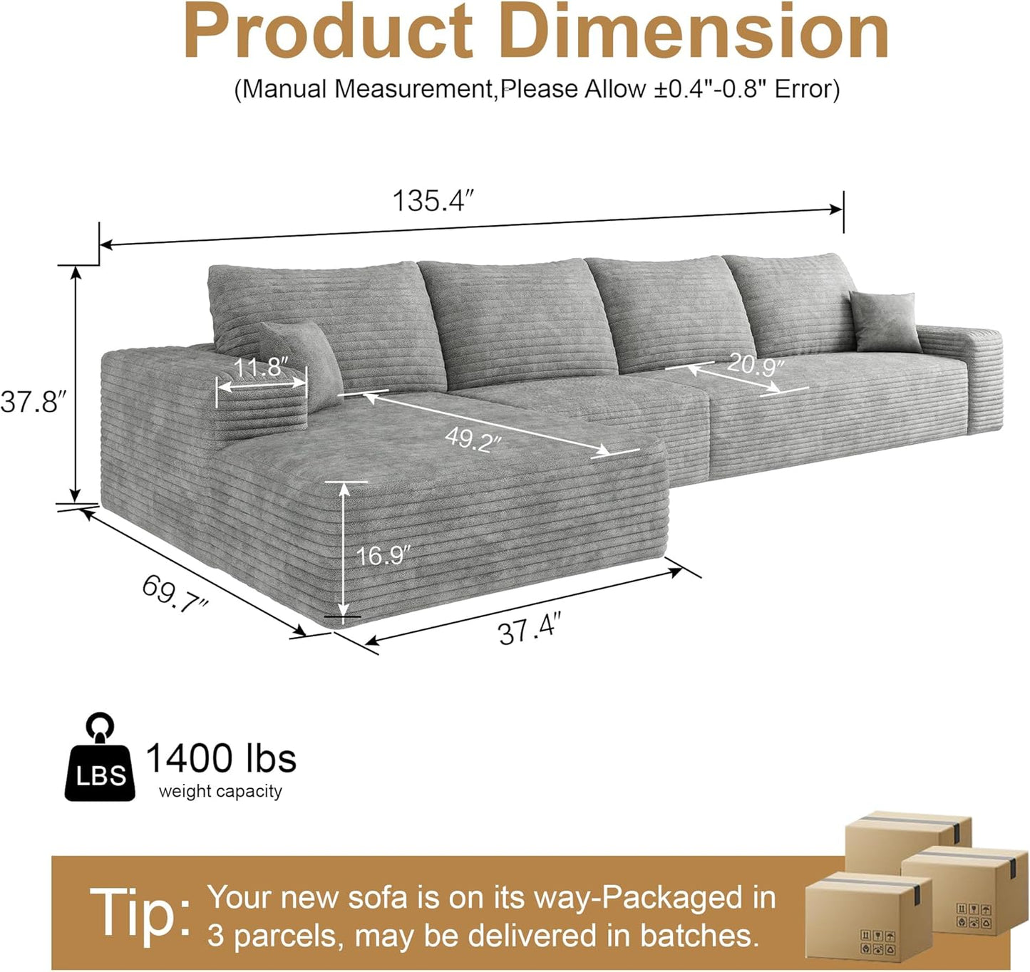 136" Sectional Couches for Living Room Modern Modular Sofa with L-Shape Couchs Upholstered Boneless Couch Deep Seat Sectional Couch with Chaise (Grey, Left Facing Chaise+3Seaters)