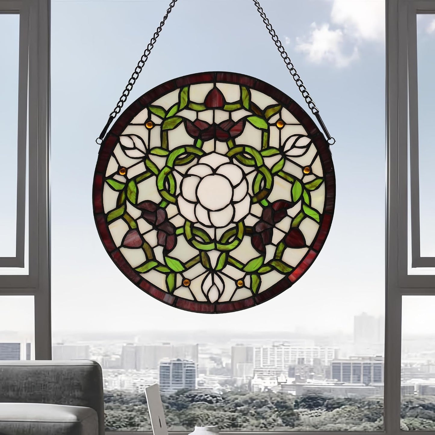 Handcrafted Stained Glass Window Panel - 12-Inch Round Floral Design with Vibrant Colors, Elegant Decorative Hanging Art for Home Décor, Includes 20-Inch Chain & Hook (Green iris)