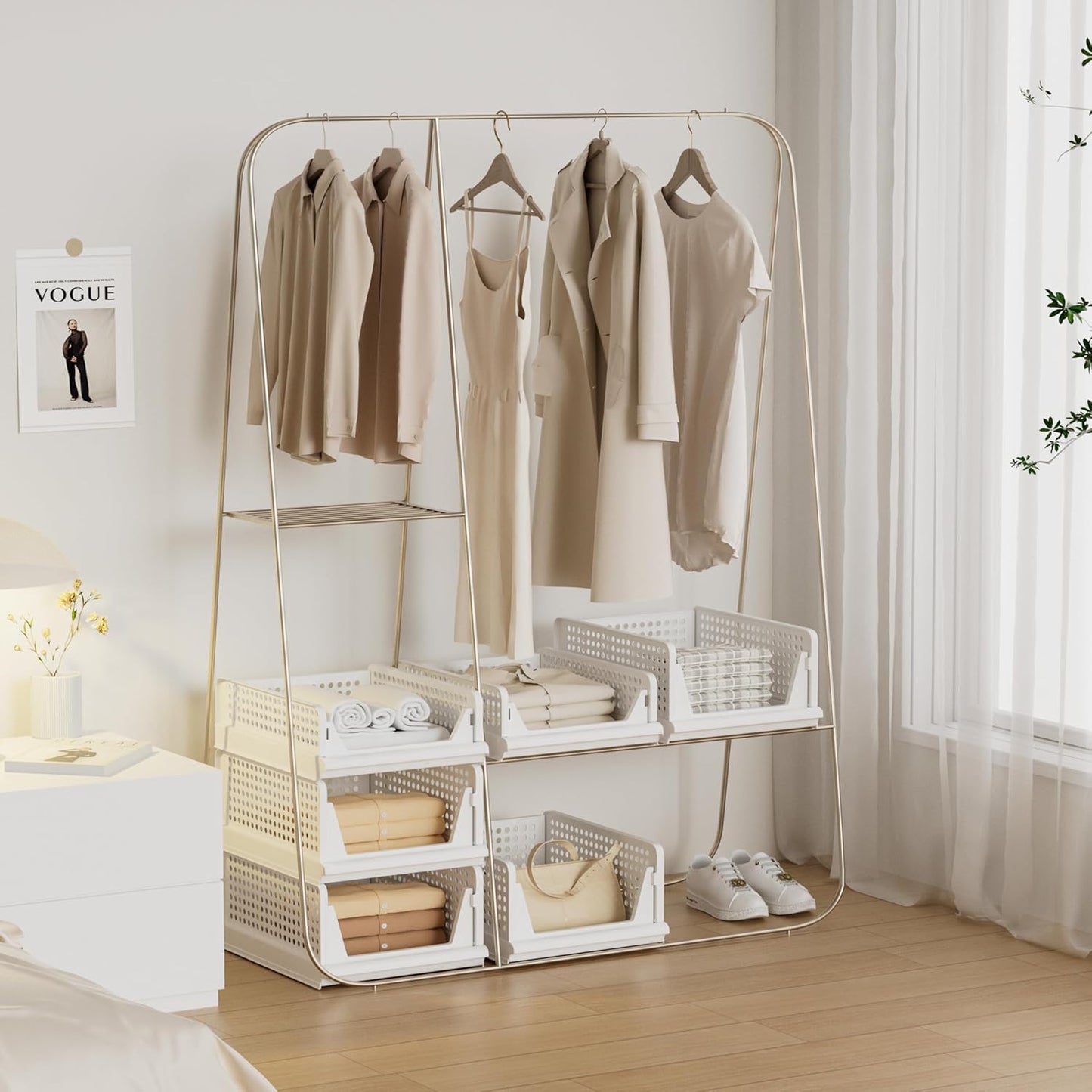 5 Pack Stackable Plastic Storage Basket Closet Organizer Bin Foldable Clothes Organizer Storage Drawer Shelf Container for Living room Bathroom Kitchen Office (4L+1S)