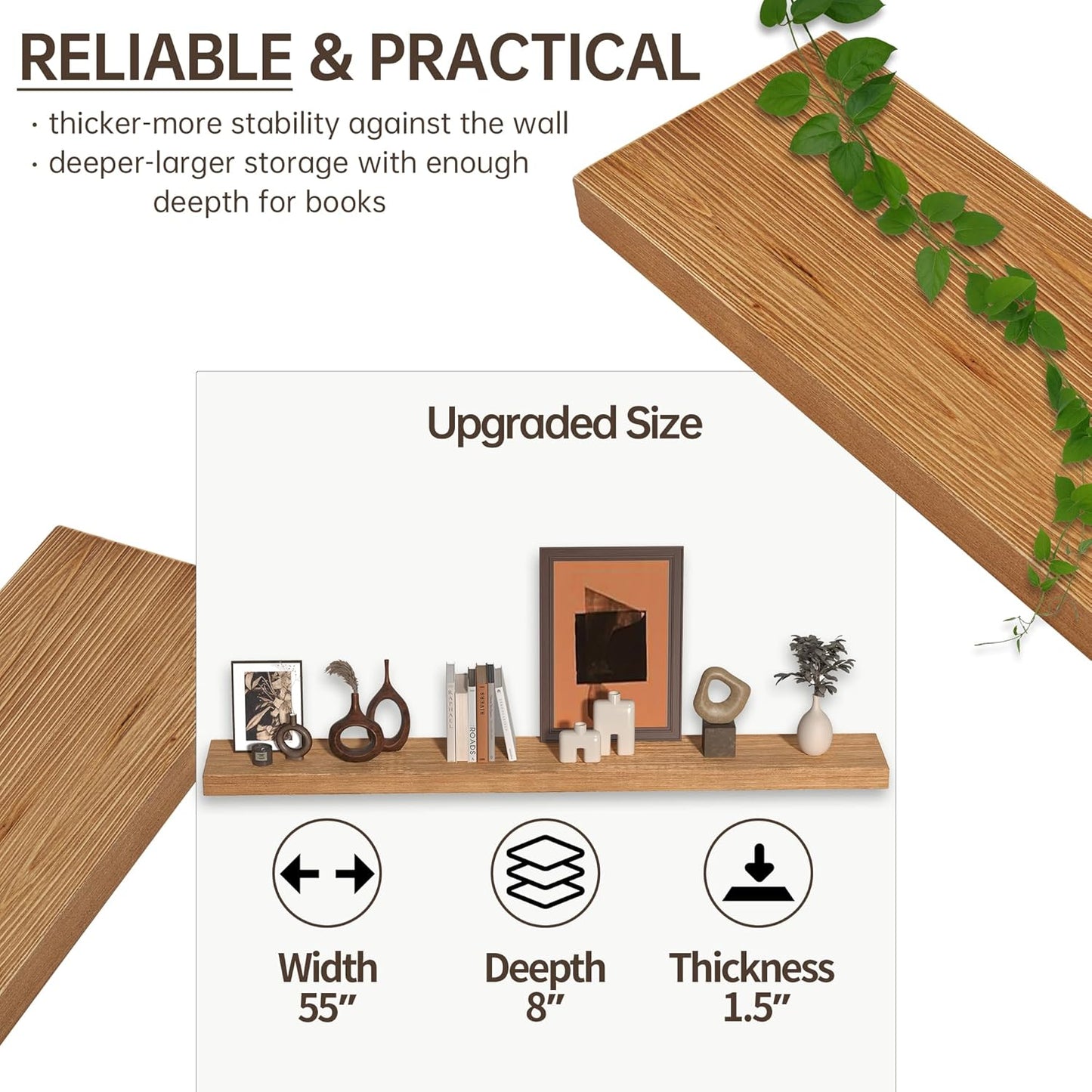 Floating Shelves for Wall, USA-Sourced Fir Wood 55 Inch Wall Shelves Set of 1, Natural Rustic Solid Wooden Floating Shelves Wall Mounted, Nursery Book Storage Shelf, Display Shelf for Bathroom