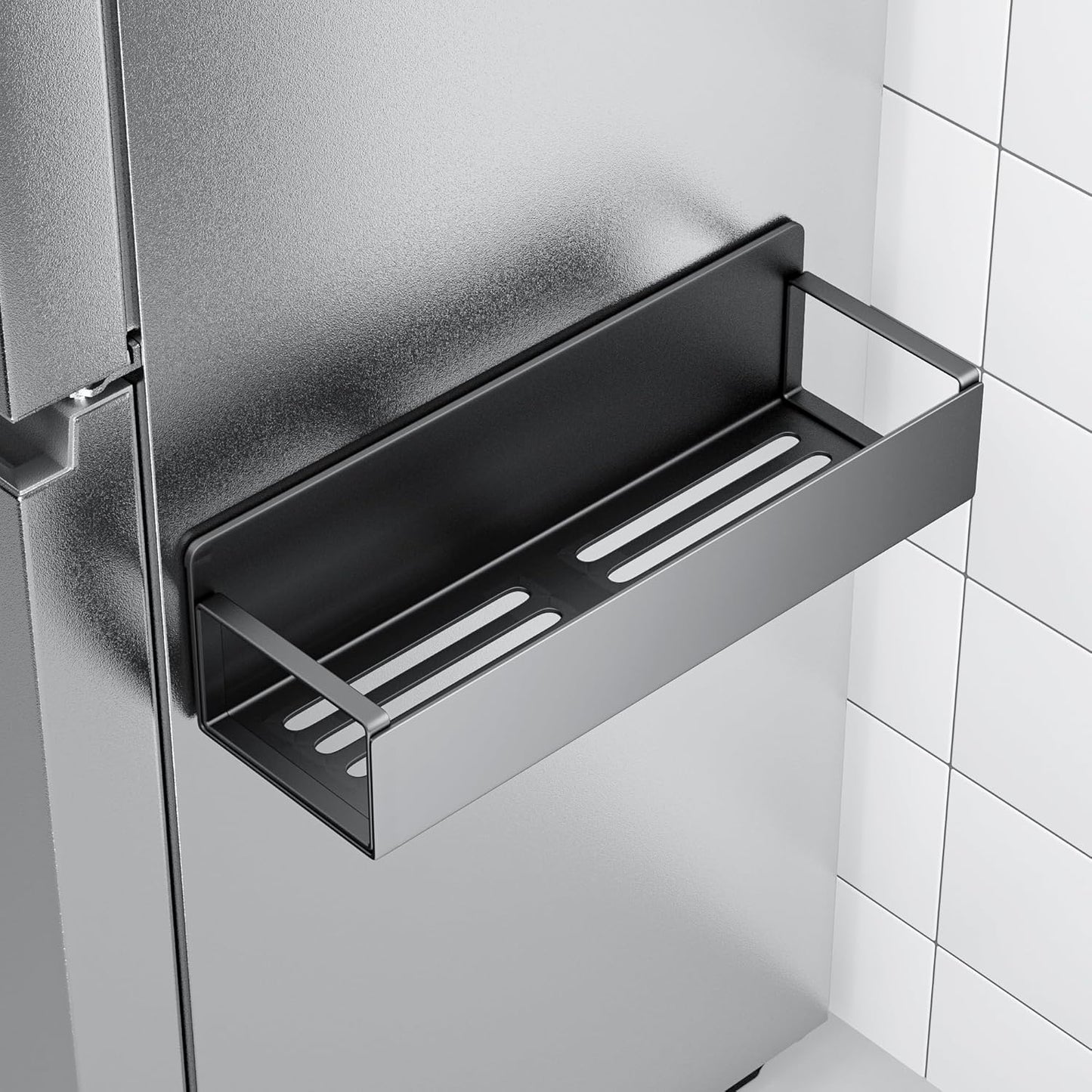 4 Pack Magnetic Spice Rack for Refrigerator, Black Magnetic Shelf for Kitchen Organizer and Storage, Mini Organizers for Oven and Fridge with 4 Hooks