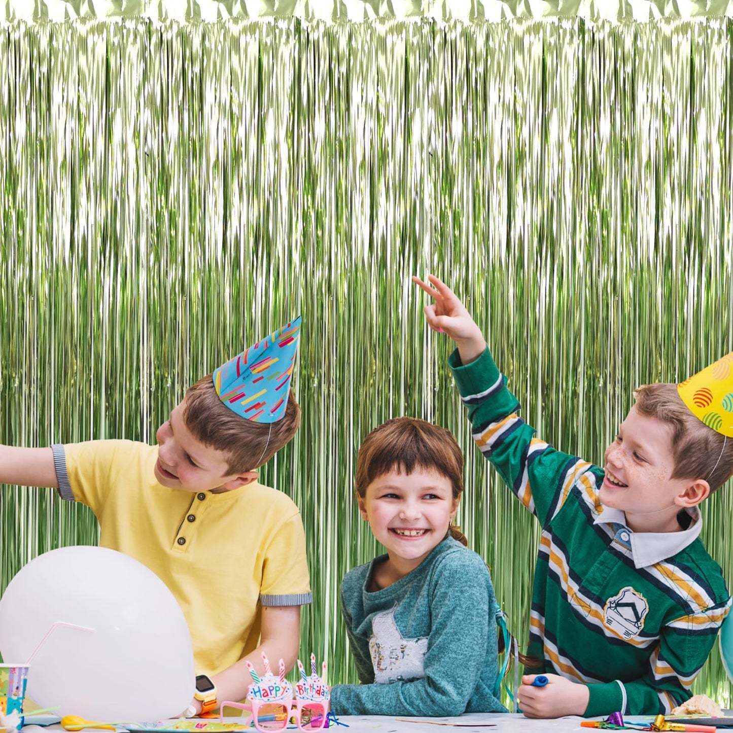 GOER 3.2 ft x 9.8 ft Metallic Tinsel Foil Fringe Curtains Party Photo Backdrop Party Streamers for Birthday,Graduation,New Year Eve Decorations Wedding Decor (5 Pcs,Sage Green)