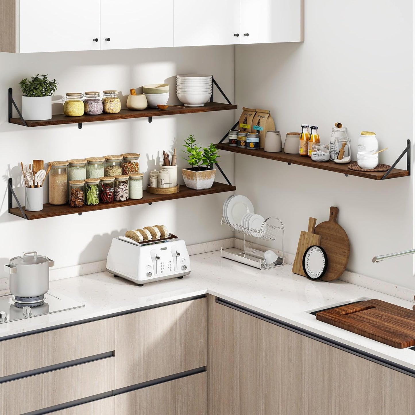 Heimlove 48 Inch Large Floating Bookshelves Set of 3,Wall Mounted Bookshelves,Heavy Duty Wooden Shelves for Living Room,Bedroom,Kitchen,Laundry Room Storage & Decor-Walnut Color