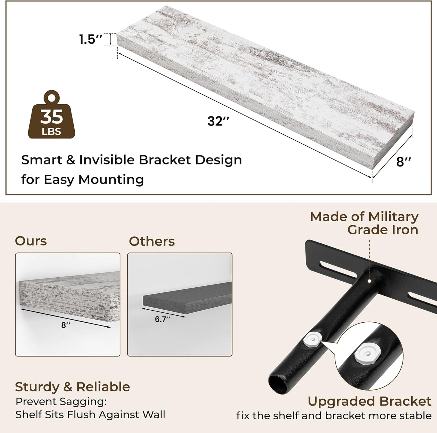 RICHFOCUS 31.5Inch Floating Shelves for Wall 2 Pack Shelves for Bedroom|Kitchen|Bathroom Wall Mounted Rustic Distressed Wood Floating Shelf with Invisible Brackets for Books|Storage|Decor, Rustic