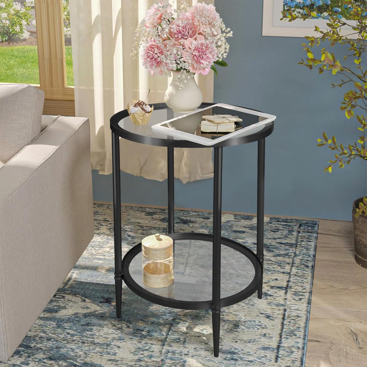 2 Tier Round Side Table, Black End Table with Glass Top, Modern Metal Clear Coffee Table，Small Accent Table for Living Room, Bedroom, 18" x 18" x 24"
