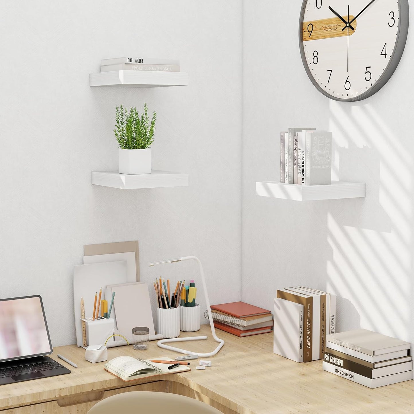 Fun Memories Floating Shelves for Wall 10 Inch, 10 Inch Deep Square Wall Shelves, Bathroom Storage Shelves Over Toilet, Wood Floating Shelves for Living Room Bedroom, White, Set of 2