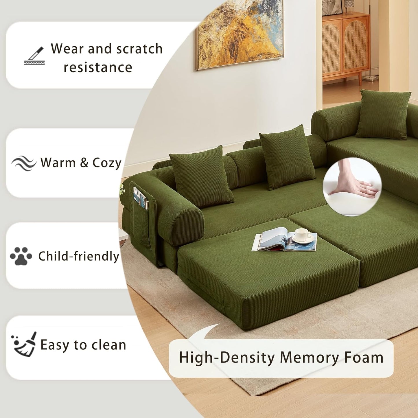 107" Oversized Convertible Sleeper Sofa Bed, Corduroy L Shape Sectional Couch, Folding Sofa Bed with Side Pocket, Modern Cloud Floor Mattress Couch, Modular Sofa for Living Room, Green