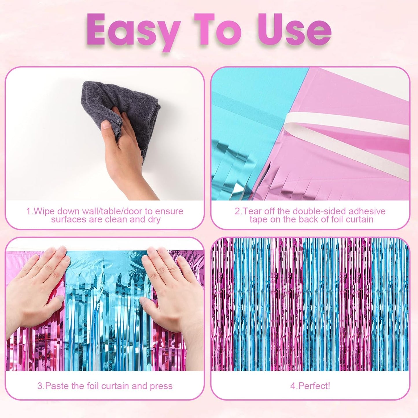 3 Pack 3.3x8.2 Feet Blue and Pink Foil Fringe Backdrop Curtains, Tinsel Streamers Birthday Party Decorations, Fringe Backdrop for Graduation, Baby Shower, Gender Reveal, Disco Party