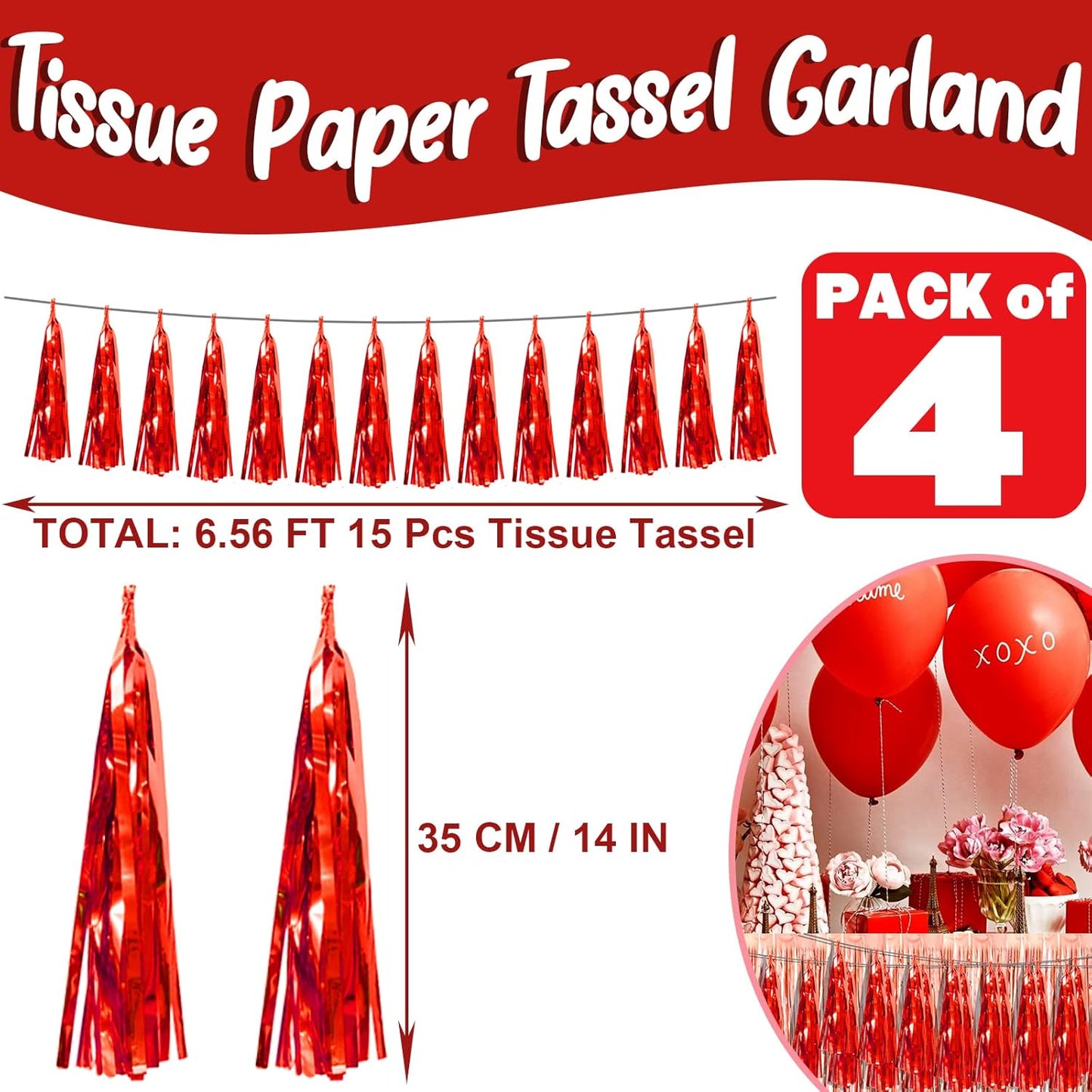 4P Red Foil Fringe Metallic Tassel Streamers Banner Tassel Garland for Parade Floats, Bachelorette, Wedding, Birthday, Halloween, Christmas, Bridal/Baby Shower Party Decorations