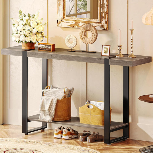 Huuger 47.2 Inch Entryway Table, 2-Tier Industrial Console Sofa Table with Storage, Accent Table, for Entry, Hallway, Entrance, Foyer, T-Shaped Metal Frame, Grey