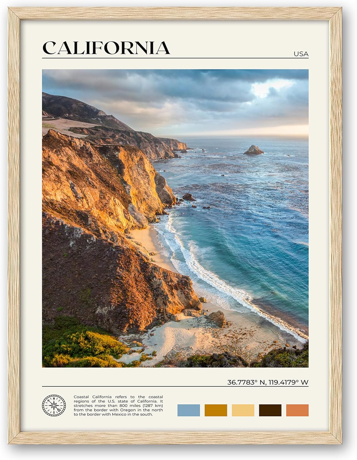 HesenDot Natural OAK Wood Coastal California Refers Framed Wall Art,12x16in Natural Seascape Canvas Wall Print,Classic Urban Landmark Wall Decor for Living Room,Bedroom,Office Gallery Gifts Set of 1