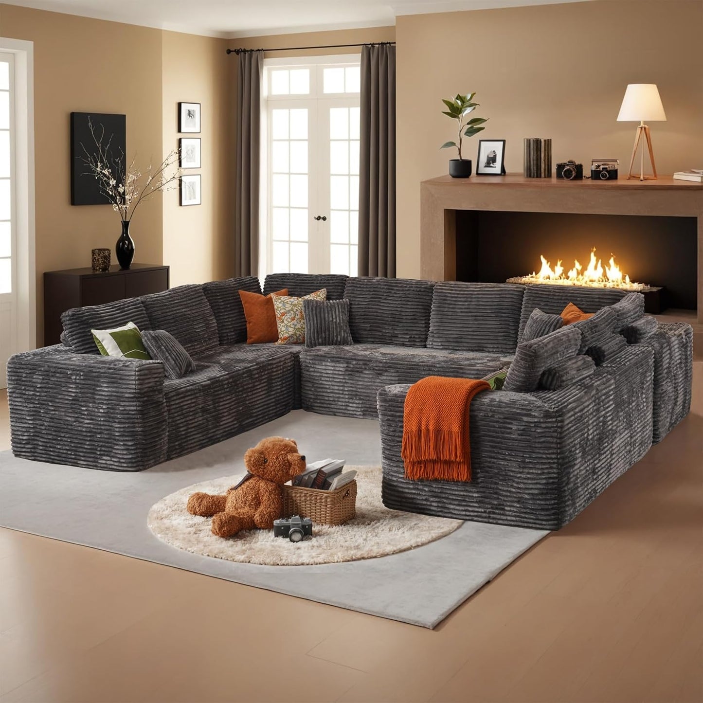 HOOOWOOO Cloud Sectional Couches for Living Room,Modular Sectional Sofa No Assembly,136X110 Inch Plush Corduroy Large U Shaped Floor Couch Set with Deep Seat(Gray)