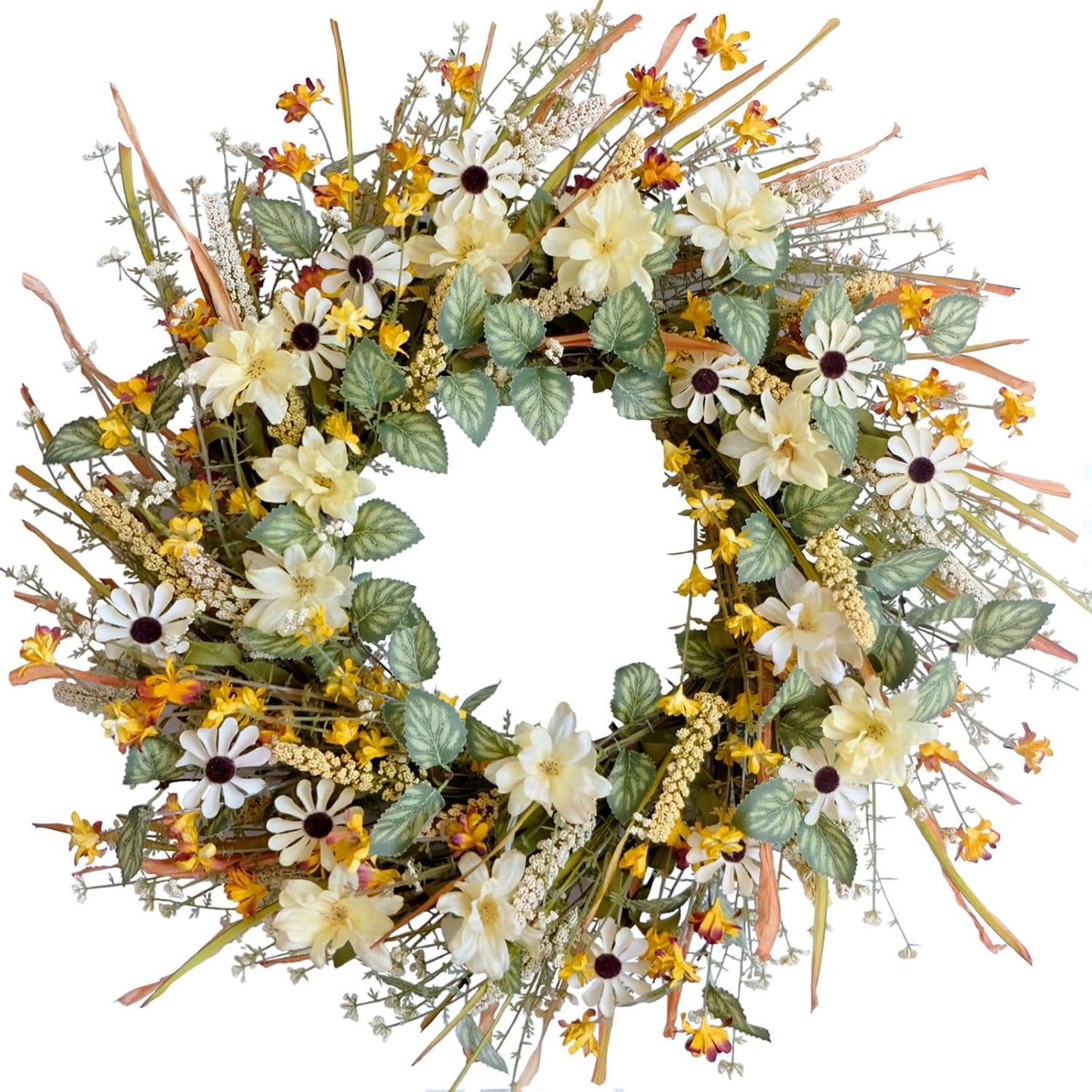 idyllic 20 Inches Spring Summer Front Door Wreath, Yellow and White Daisies Flowers, Ear of Wheat, Green Leaves Wreath for Front Door