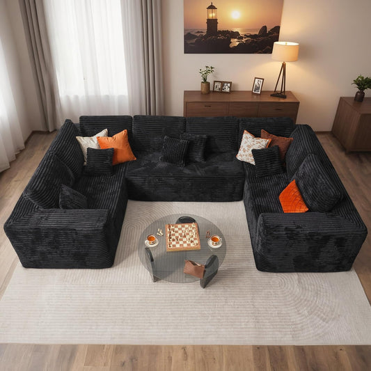HOOOWOOO Cloud Sectional Couches for Living Room,Modular Sectional Sofa No Assembly,136X70 Inch Plush Corduroy Large U Shape Floor Couch Set with Deep Seat(Black)