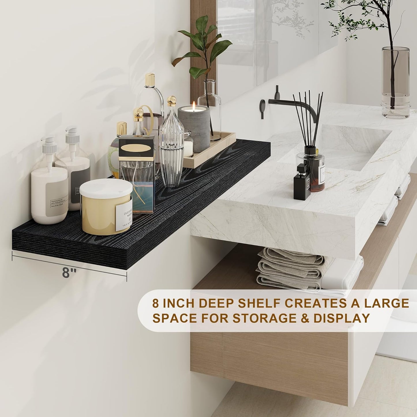 30 Inch Floating Shelves, Rustic Floating Wall Shelves 8 Inch Deep, 30 x 8 Floating Shelves for Home Decor, Deep Display & Storage Shelves for Kitchen, Bathroom, Living Room, Black Color, Set of 2