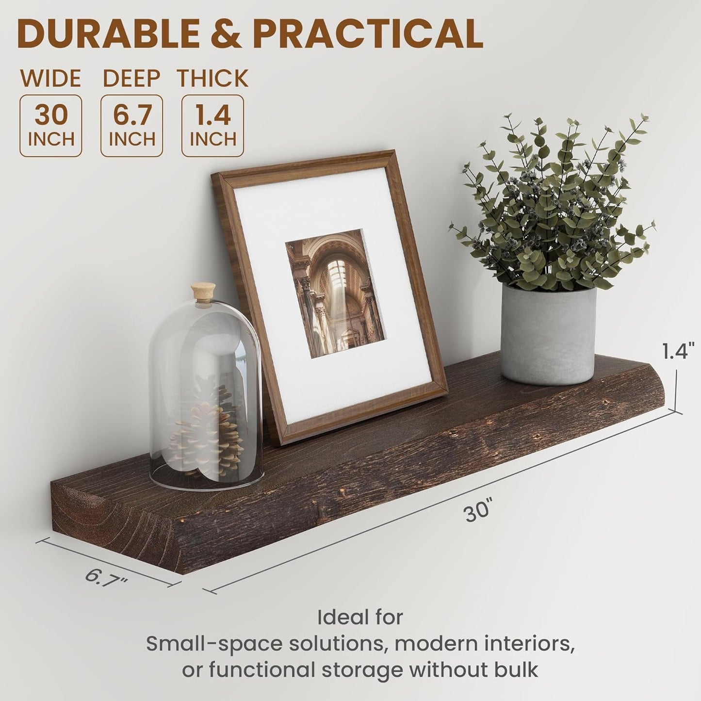 30" Floating Shelves, Live Edge Solid Elm Wood Floating Shelf, Wall Mounted Display Shelves with Heavy-Duty Bracket for Books, Rustic Wooden Shelf for Kitchen, Bathroom, Walnut Color, Set of 2