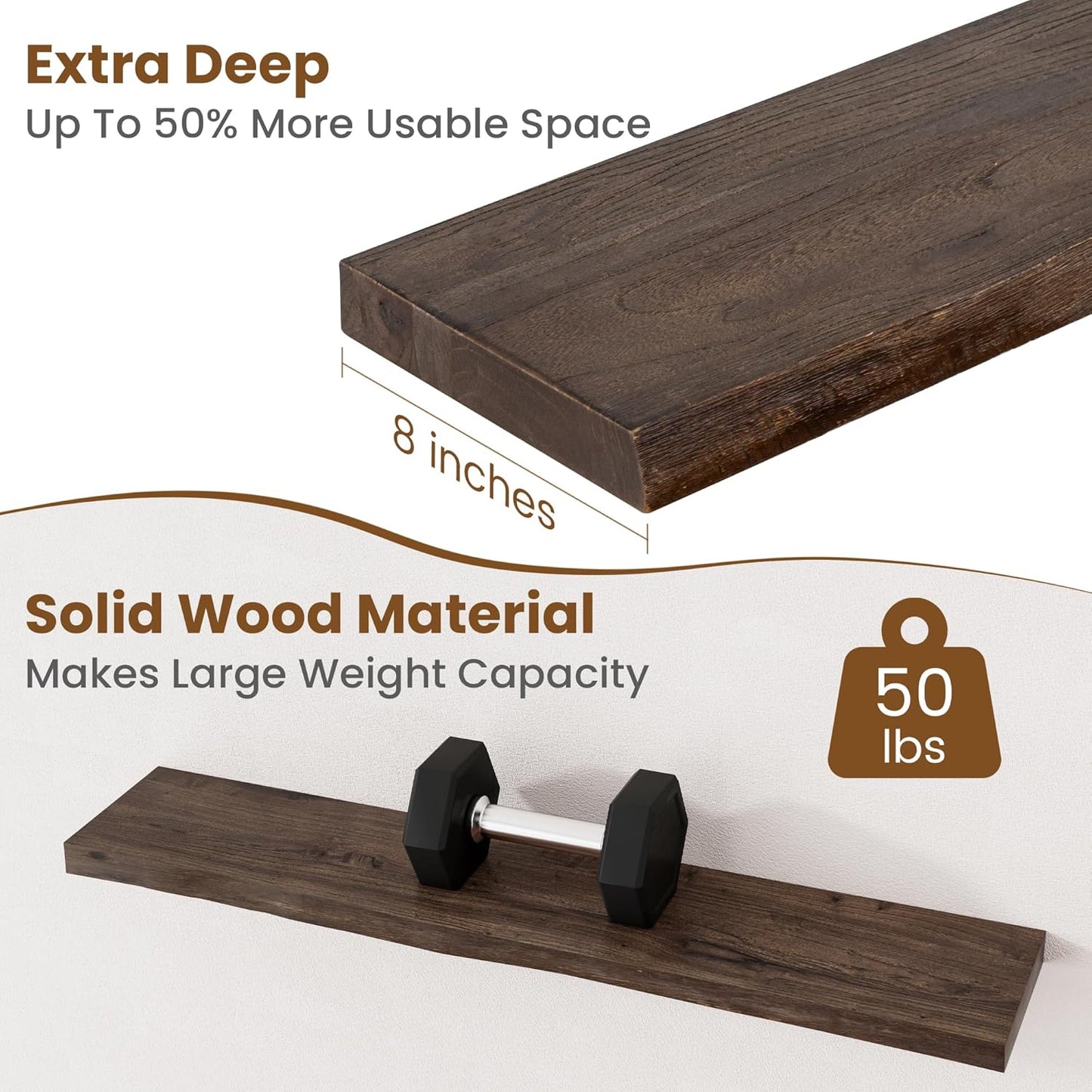 Floating Shelves for Wall Decor, Rustic Solid Elm Wood Floating Shelves Wall Mounted, Wall Shelves with Invisible Bracket for Living Room Bathroom Bedroom Kitchen, 36 Inch Set of 2, Walnut