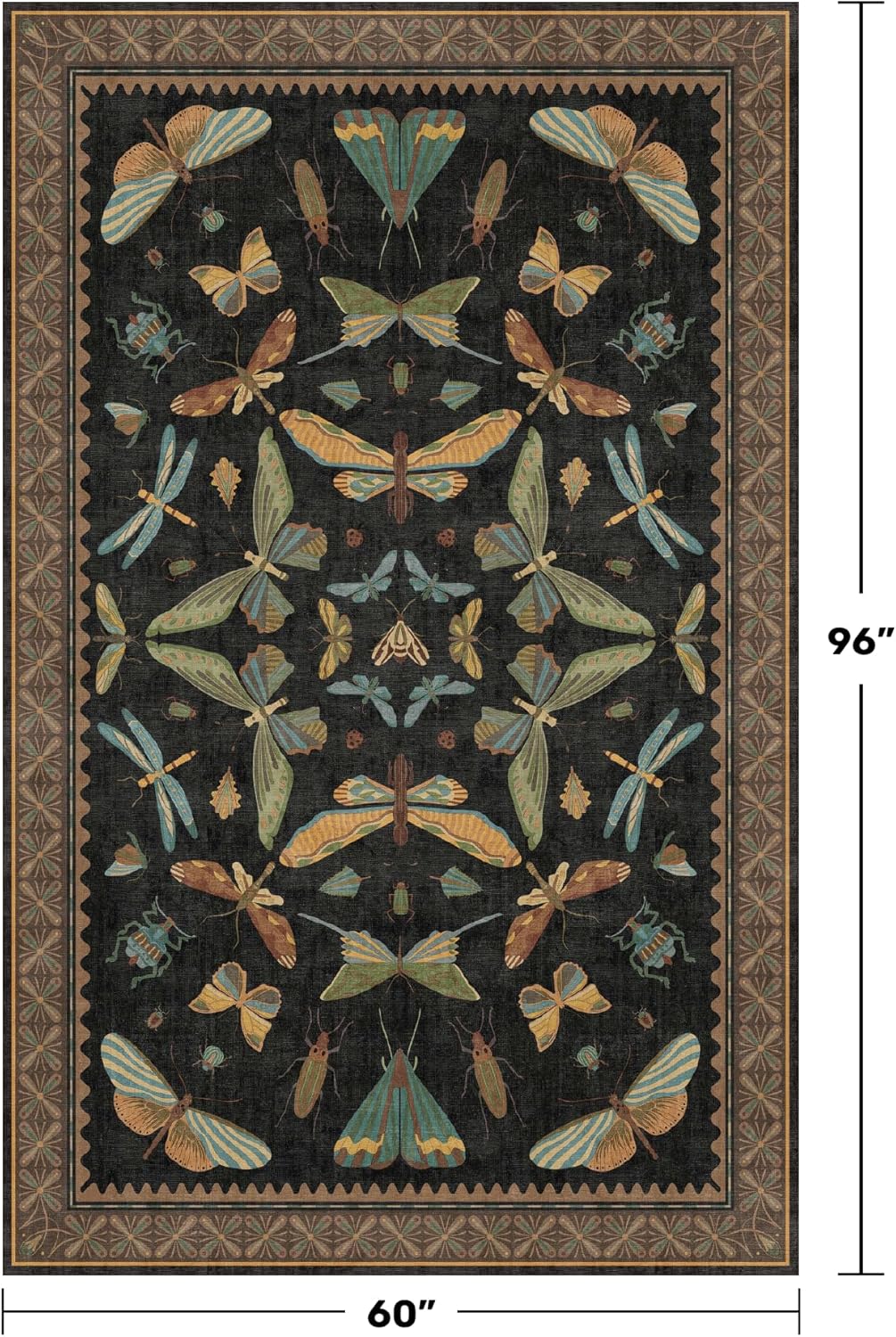 5x8 Black Rug for Bedroom - Boho Large Entryway Rug for Living Room, Under Small Dining Table, Dark Vintage Insect Witch Bug Decor, Washable Low Pile Waterproof Non Slip & Stain Resistance