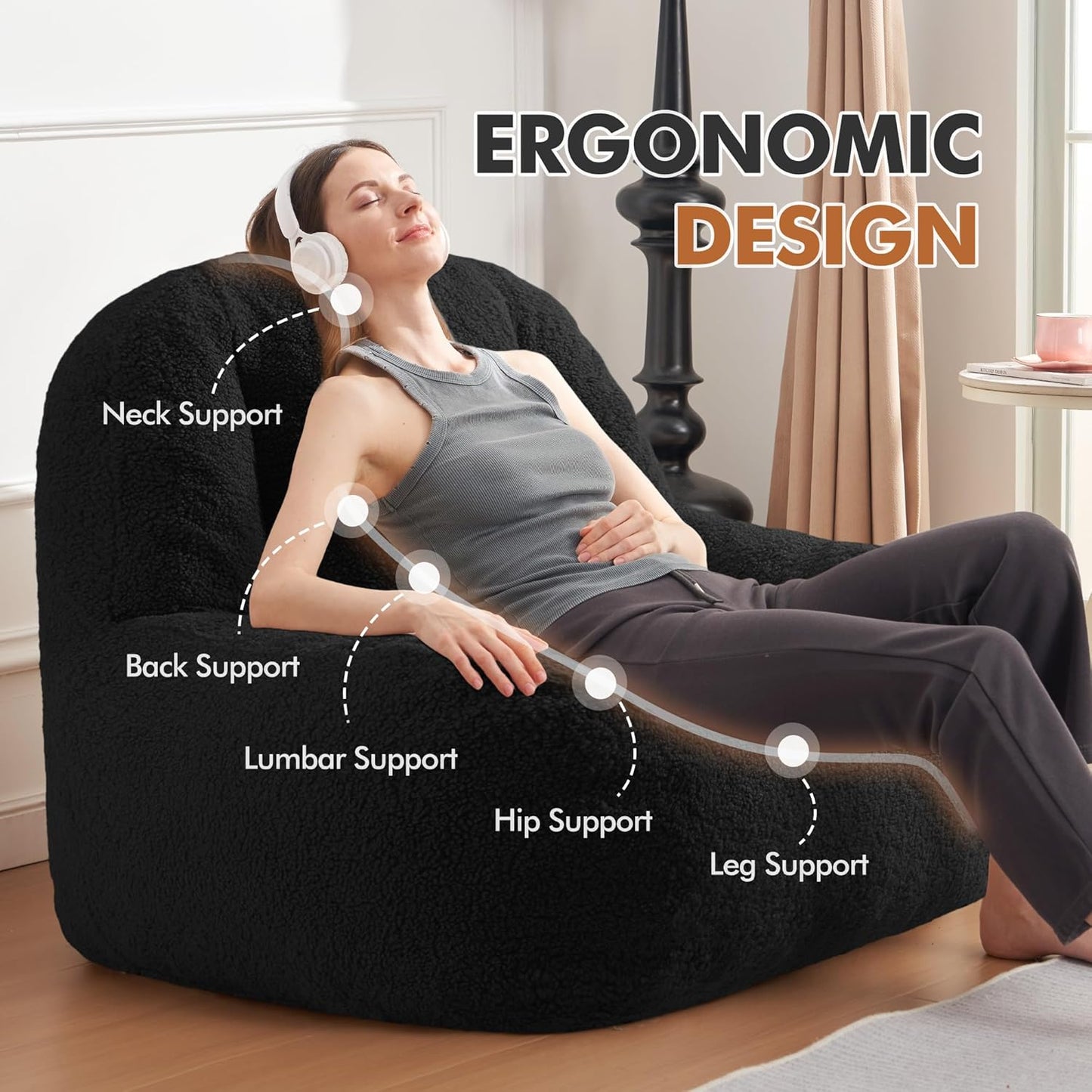 Homguava Bean Bag Chairs for Adults,Giant Beanbag Couch Adult Bean Bag Chair with Filler Included,Modern Lazy Sofa Comfy Chair for Living Room(Black)