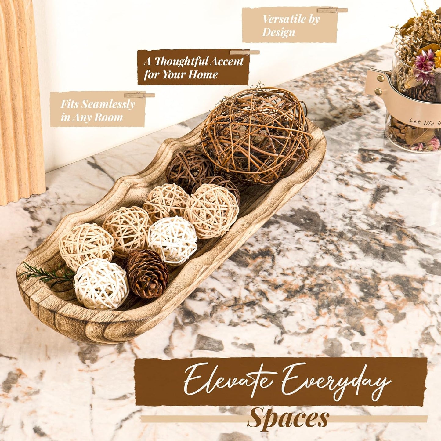 Wavy Edge Wooden Dough Bowl for Decor 16"L Lightweight Paulownia Wood Hand Carved Decorative Wooden Farmhouse Fruit Bowl Handmade, Home Decoration Centerpiece, Table Display Bowl