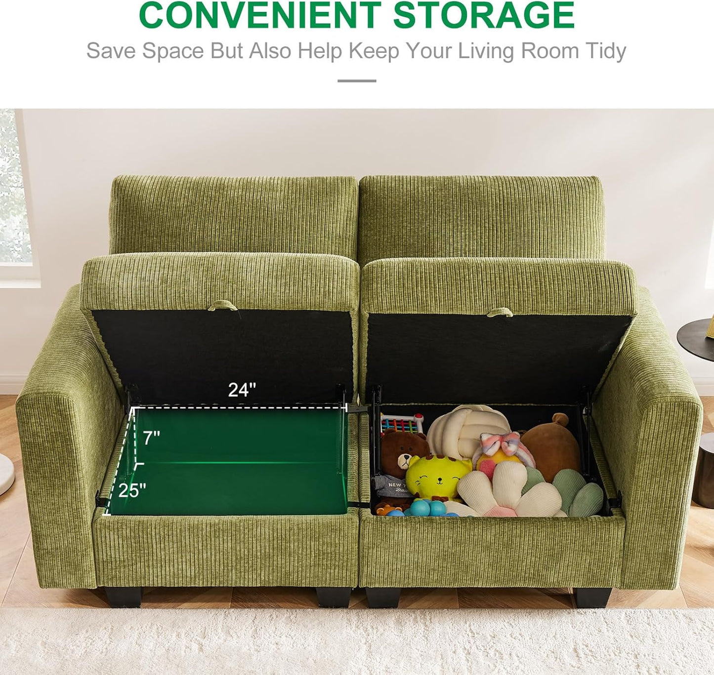 38.5 Oversized Accent Chair with Storage Green Corduroy, Single Modern Accent Sofa Chair with Arms for Apartment Living Room (21" Deep Seat)