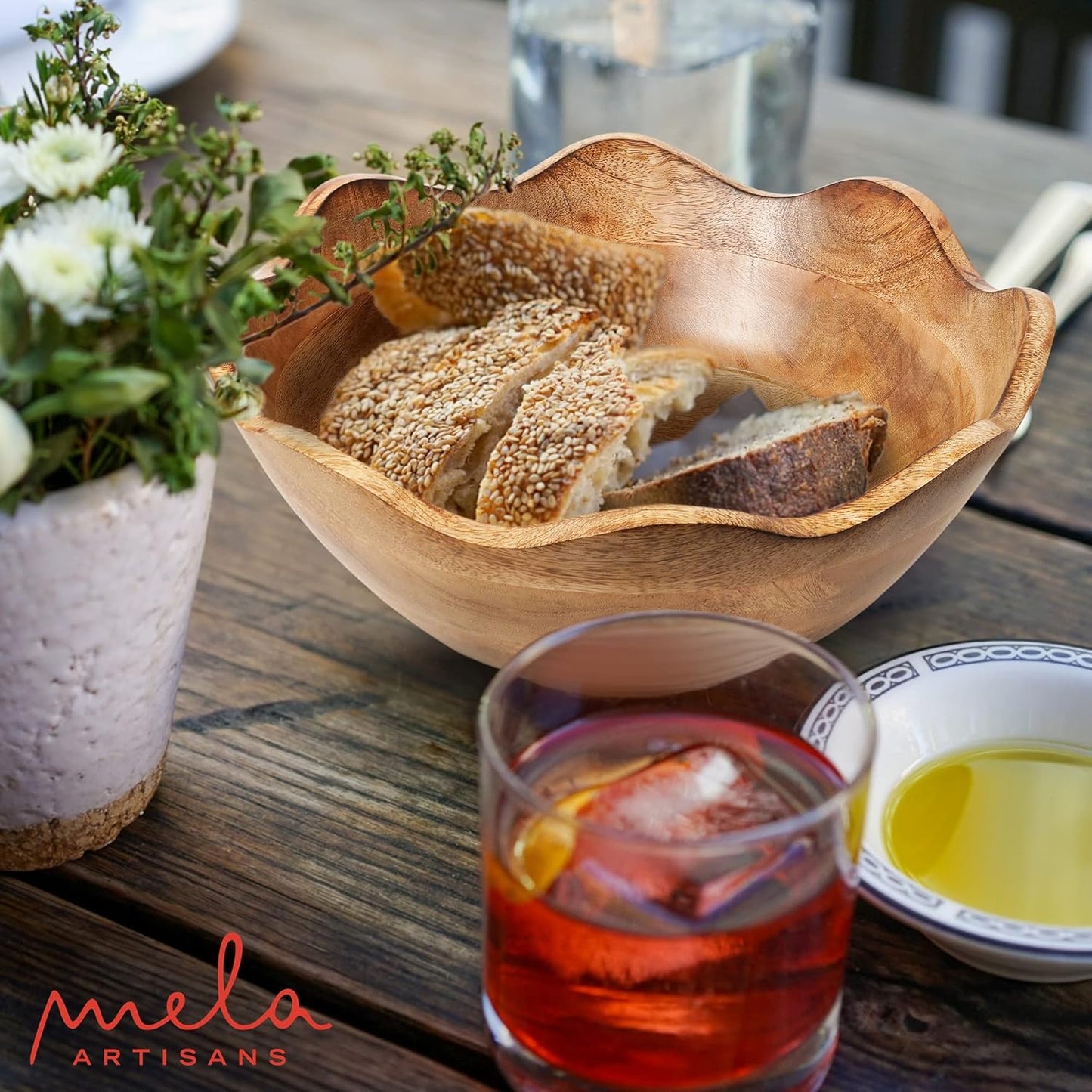 Mela Artisans Wooden Scalloped Bowl - Large | Ruffle Decorative Style | Rustic Kitchen Decor | Mango Wood | Natural Grain Finish | Fits Bread, Fruits, Salad or Popcorn | 12” x 4” x 11”