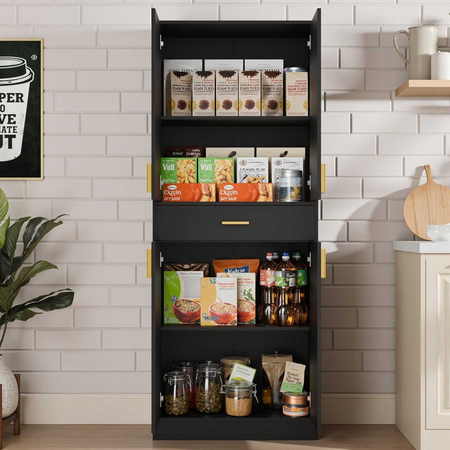 Cozy Castle Pantry Cabinet, 71" Tall Kitchen Storage Cabinet with Doors and Shelves, Freestanding Wood Cupboard Utility Hutch with Drawer for Dining Room Living Room Bathroom Furniture, Black