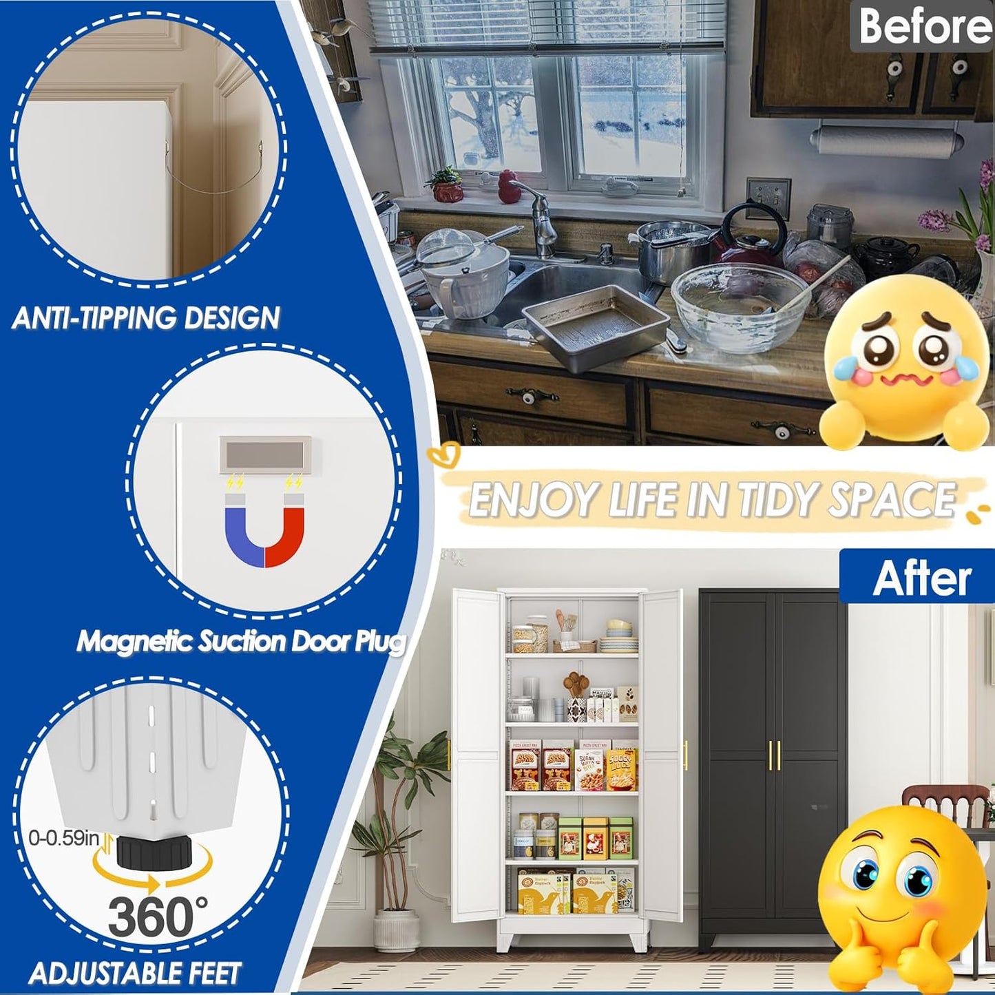 71" Tall Metal Storage Cabinet with 2 Doors and 4 Adjustable Shelves, Kitchen Pantry Cabinet White Freestanding Cupboard, 5 Tier Multifunctional Steel Storage for Office, Kitchen, Dining Room