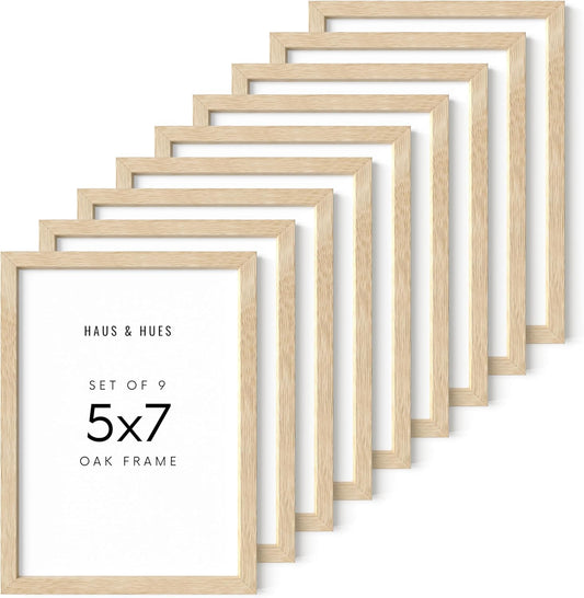 HAUS AND HUES Square Picture Frames 5 x 7 Set of 9 - Photo Gallery Wall Frame Set, Wood 5x7 Frames, 5 x 7 Frames Gallery Wall Set, 5x7 Frame with Mat, Square Frames 5x7 (Beige Oak Frames)