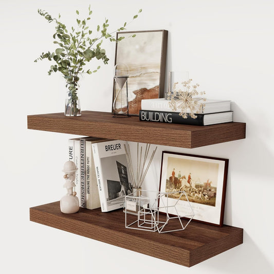 Fun Memories 30 Inch Floating Shelves, 12 Inch Deep Floating Shelf for Wall, Rustic Deep Shelves for Books, Bathroom, Living Room, Kitchen, 30 x 12 x 2 Wood Floating Shelves, Walnut Color, Set of 2