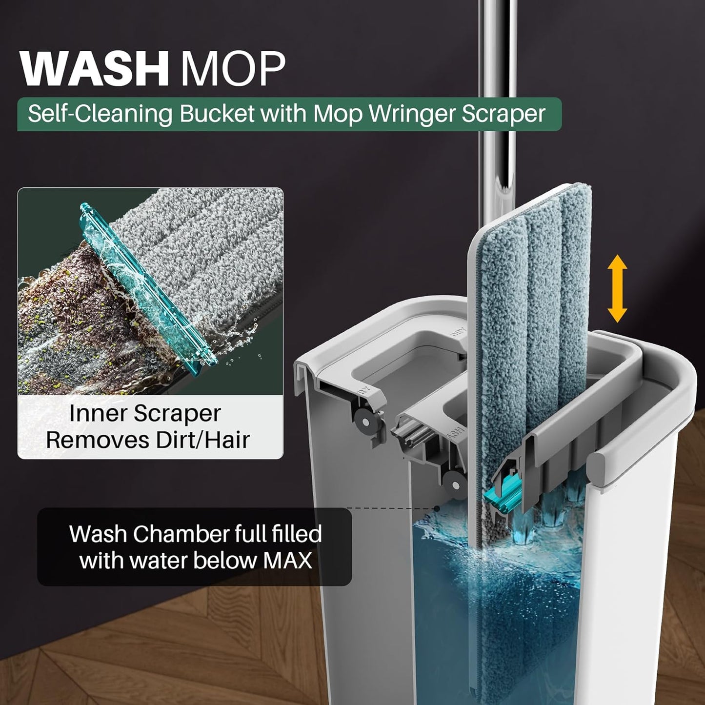 JOYMOOP Mop and Bucket with Wringer Set, Hands Free Flat Floor Mop and Bucket, 60" Mop with 3 Reusable Microfiber Pads, Wet and Dry Use, Floor Cleaning System