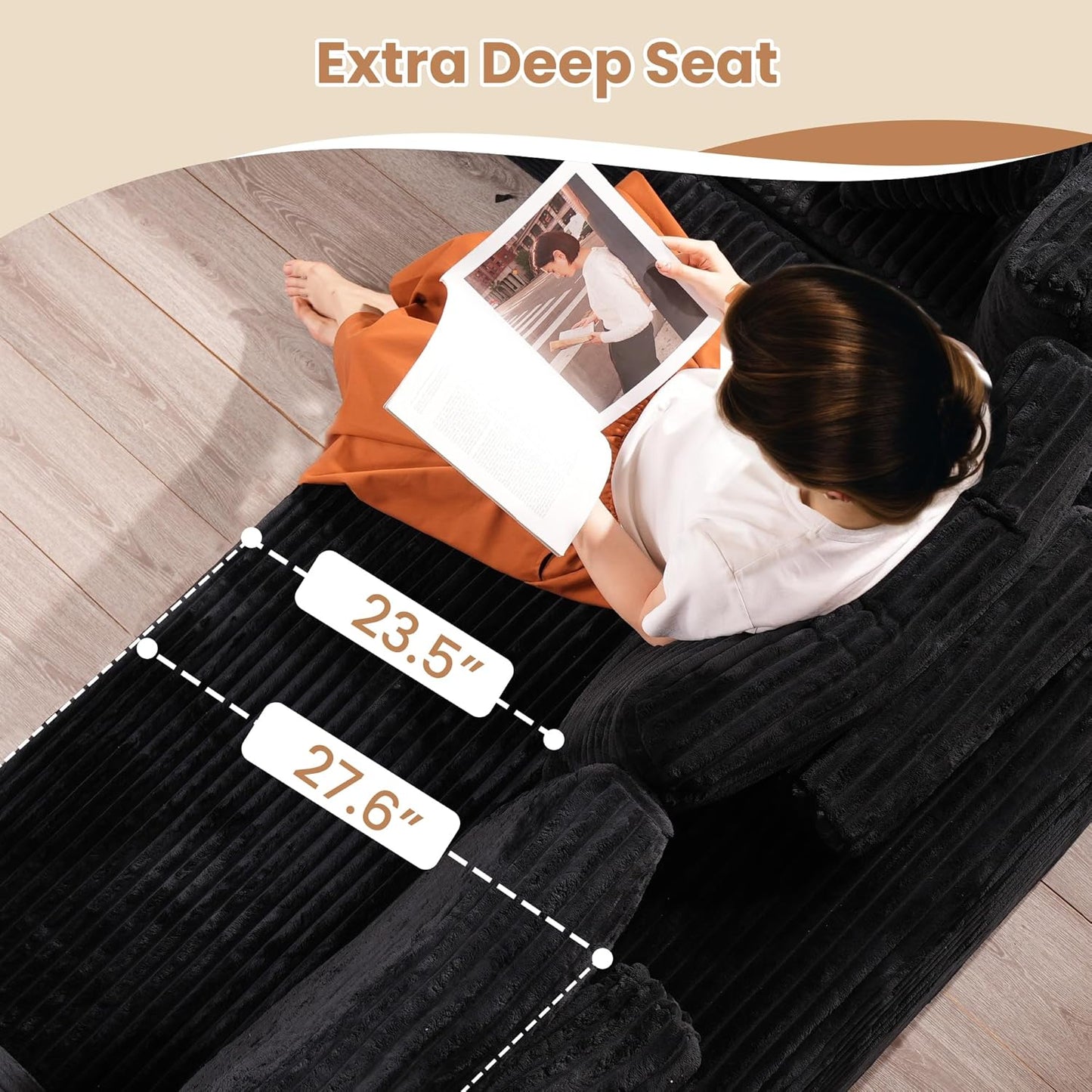 HOOOWOOO Cloud Sectional Couches for Living Room,Modular Sectional Sofa No Assembly,Plush Corduroy Large Floor Couch Furniture Set with Deep Seat Right Chaise L Shape(Black)