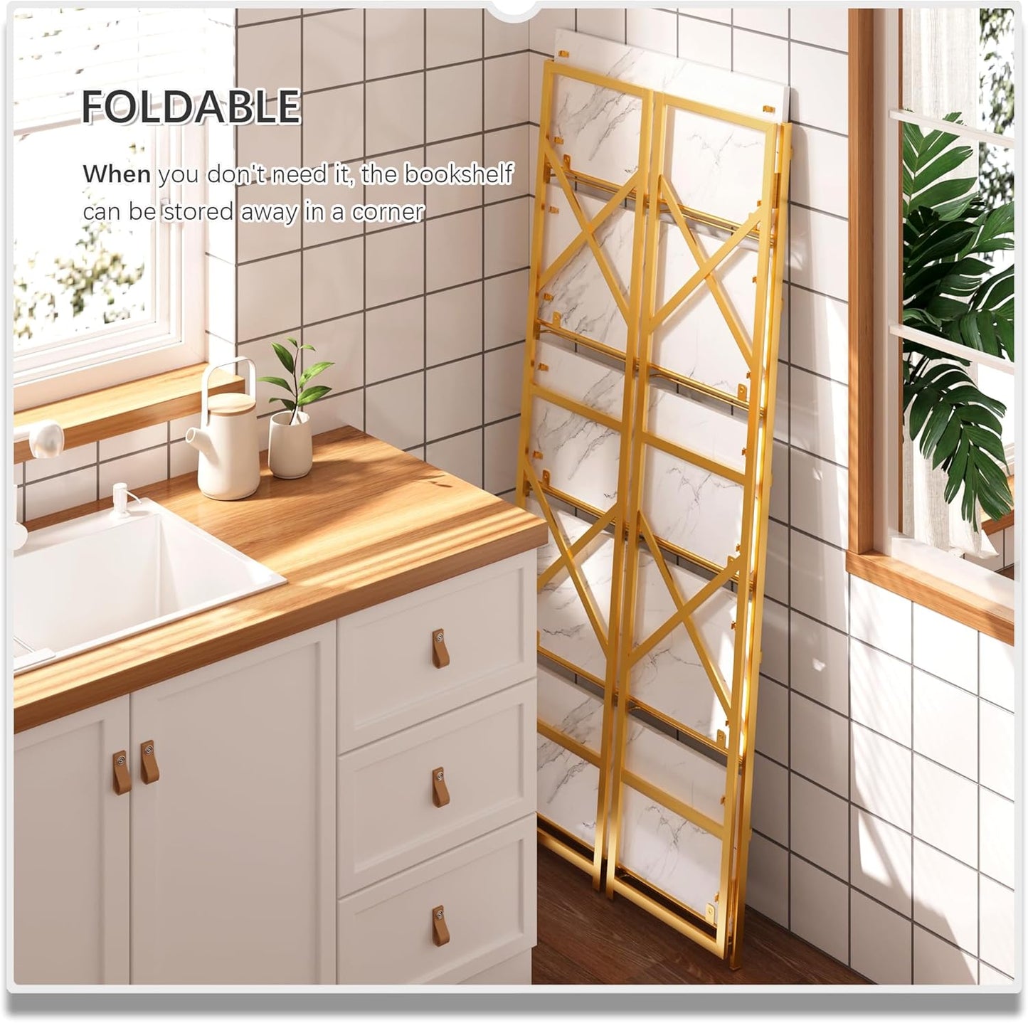 4NM 5 Tiers No Assembly Book Shelves, 51.2" H Folding Bookshelf Bookcase Open Industrial Foldable Shelves for Bedroom, Living Room, Home Office - White Gold