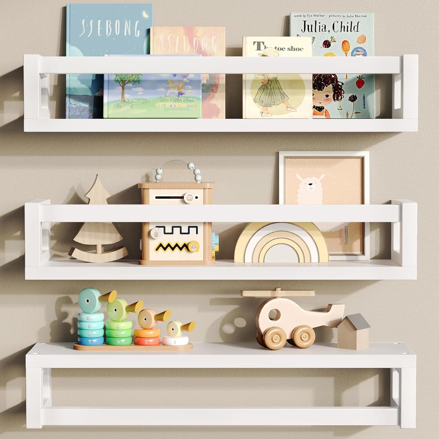 Upgraded Thick Floating Shelves - Multi-Use Wall-Mounted Bookshelves for Kids and Nursery, Ideal for Books, Toys, Spice Rack, Decor - White