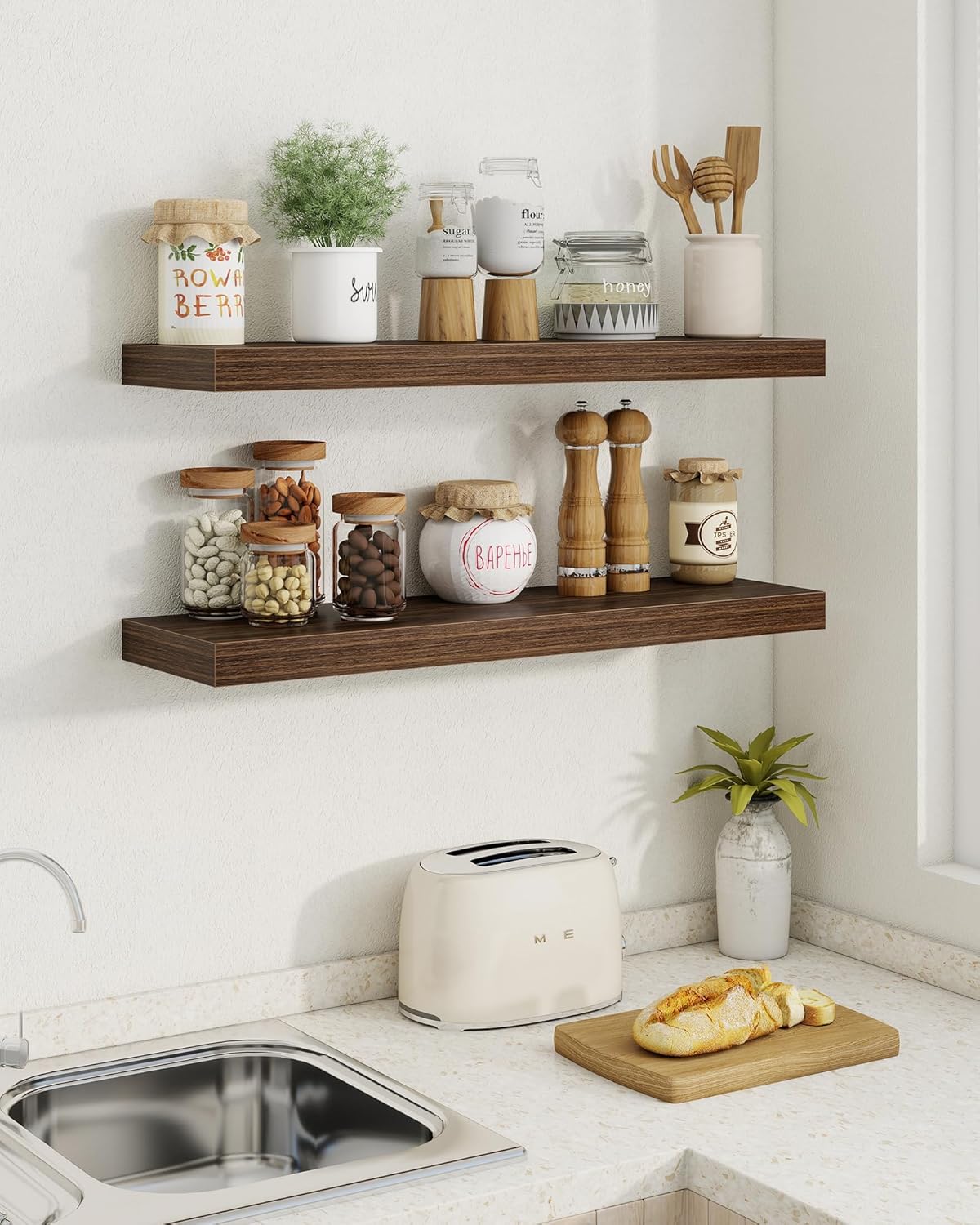 Marsmiles 55" Floating Shelves for Wall, Wooden Shelves with Invisible Brackets Set of 2, Rustic Farmhouse Wall Mounted Shelf for Kitchen Bathroom Living Room Study, Walnut