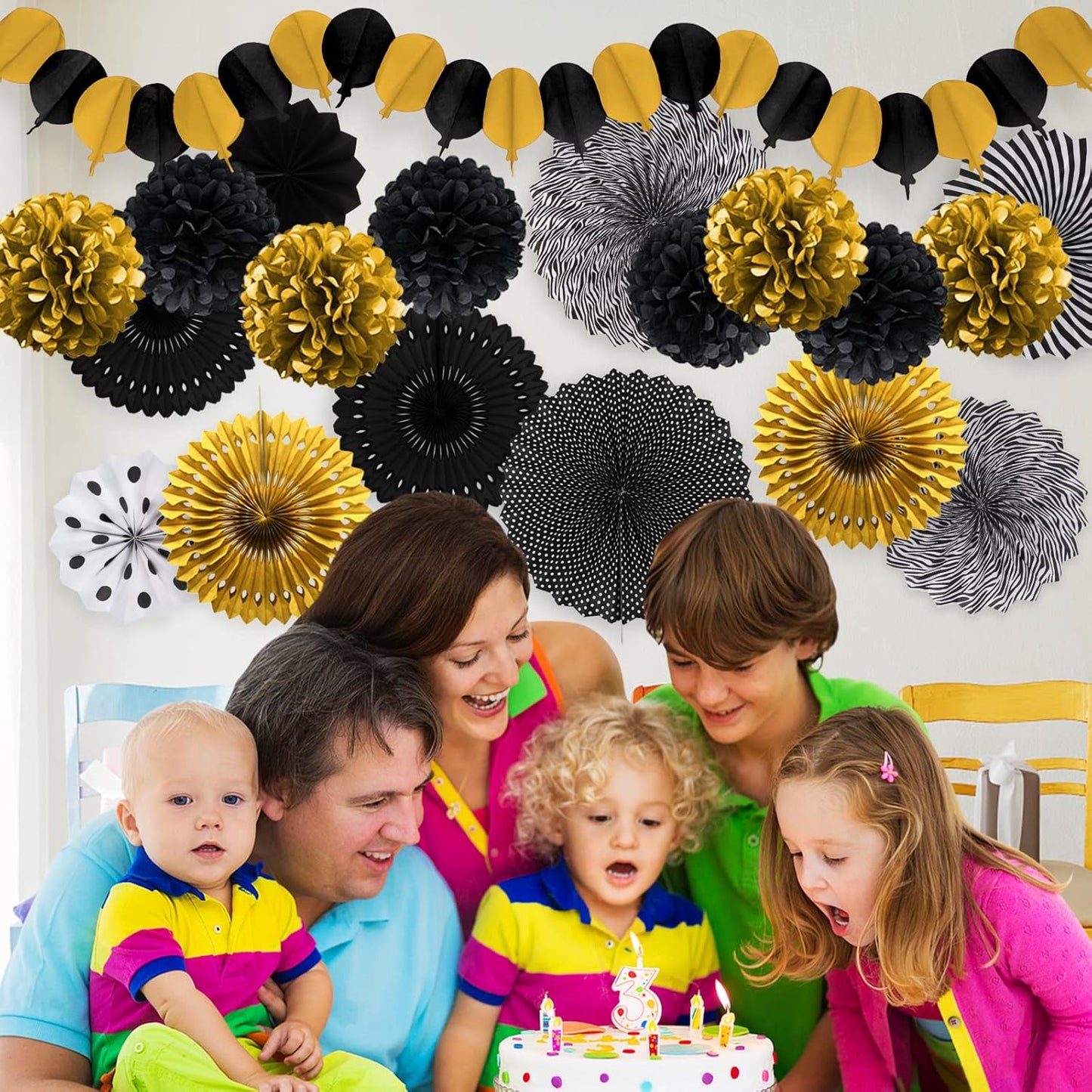 Black and Gold Decorations, Paper Pompoms Fan for Graduation Birthday Wedding Prom Night New Years Black and Gold Party Decorations