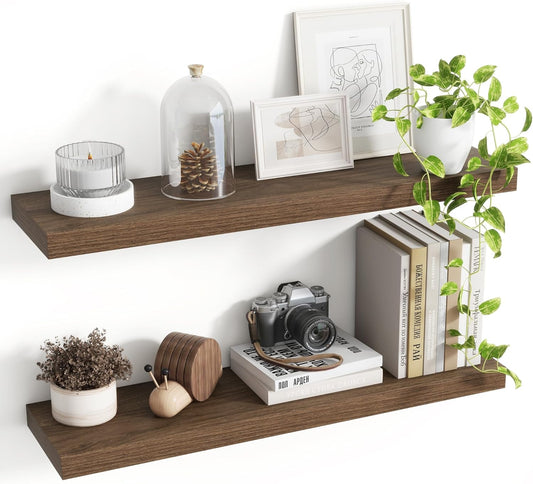 30 Inch Floating Shelves, 8 Inch Deep Floating Shelves for Wall, Hanging Shelf with Invisible Brackets, Deep Shelves for Bathroom, Bedroom, Living Room, Walnut, Set of 2