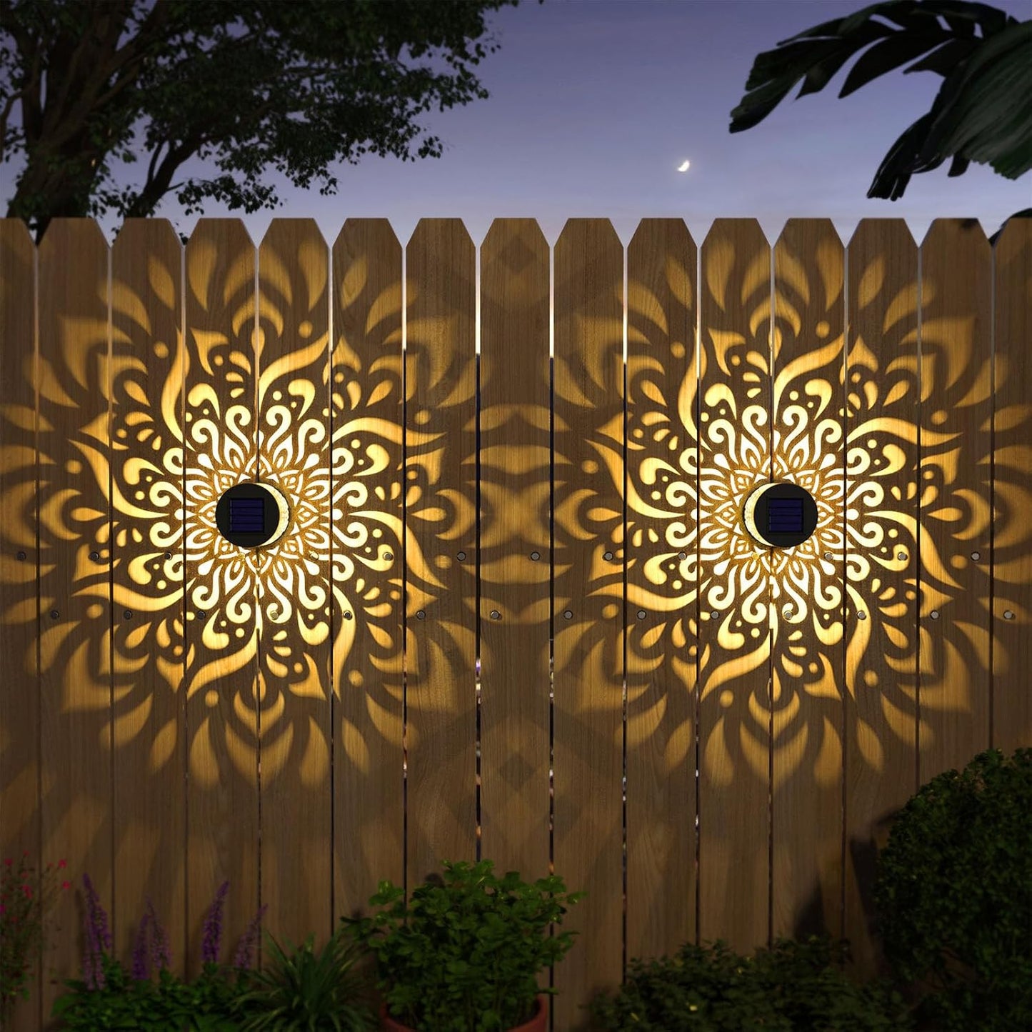 4 Pack Solar Fence Lights Metal Solar Powered Outdoor Wall Deck Step Lights Mandala Theme Waterproof Fence Light for Garden Post Patio Backyard Decor (4 Pack)