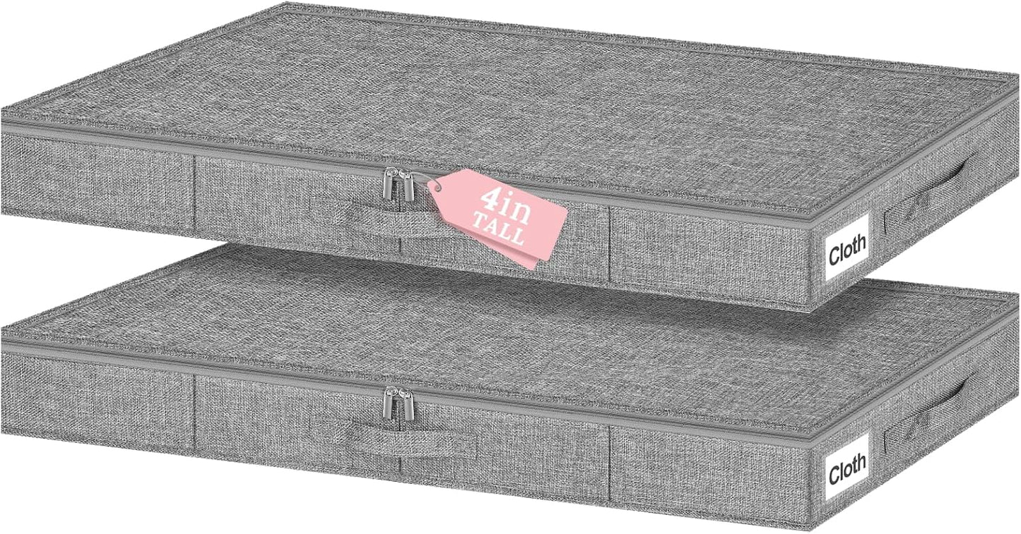 Low Profile Under Bed Storage Containers, 4" Tall Underbed Storage with Rigid Sidewalls & Bottom, Shallow Clothes Storage Organizer Bin with Lid for Couch Sofa Dorm, 2-Pack, 33.5 x 16 x 4 Inches Grey