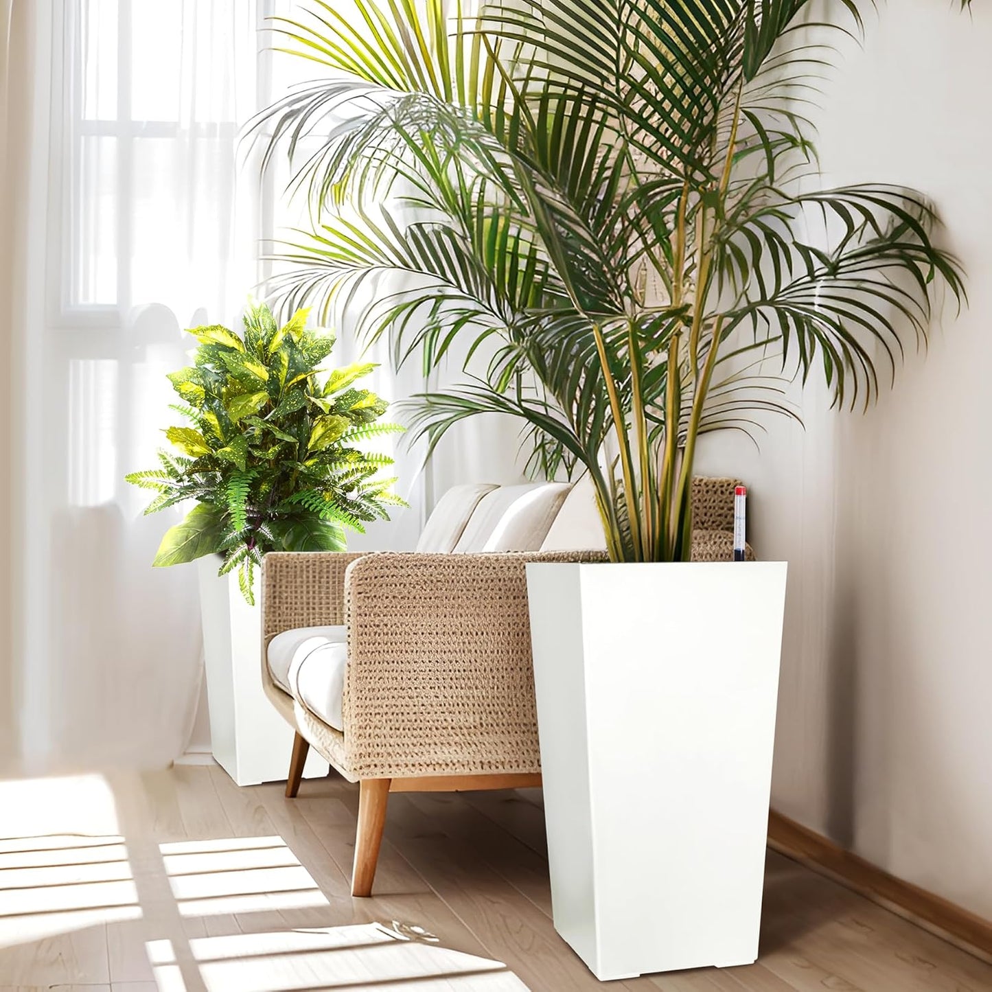 22.5" Tall Planters Set of 2, Outdoor＆Indoor Black Planter Pots, High Front Porch Planter Pots with Drainage Holes＆Water Level Monitor＆Inner Bucket, Automatic Watering, White