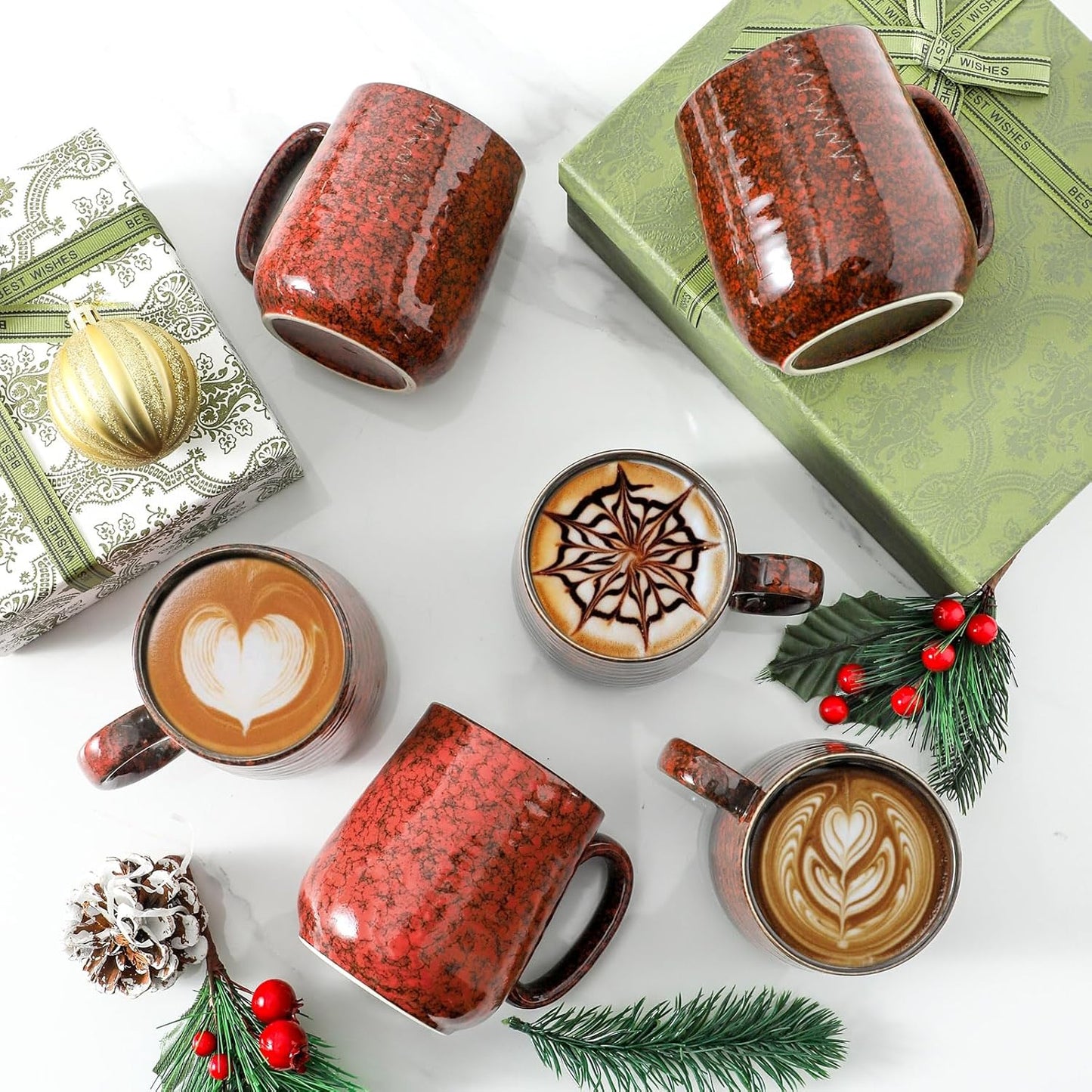 Hasense Coffee Mugs Set of 6, 15 Ounce Ceramic Coffee Cups Set with Handle,Porcelain Tea Mug for Kitchen, Red Cup for Tea,Cocoa,Dishwasher and Microwave Safe