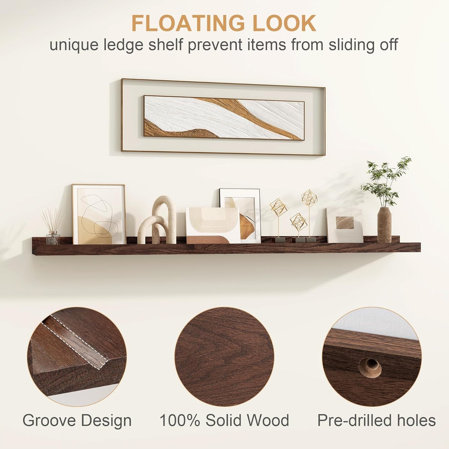 Floating Picture Ledge Shelves 55 Inch Solid Oak Wood Set of 2, Rustic Wall Storage Shelves with Lip, Kids Bookshelf, Photo & Picture Ledge Shelves for Bedroom, Living Room, Kitchen