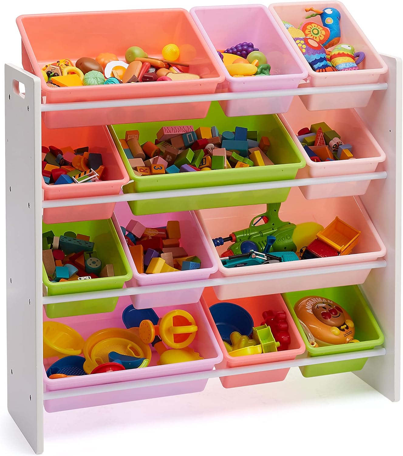 Amazon Basics Kids Toy Storage Organizer With 12 Plastic Bins, White Wood With Pink Bins, 10.9" D x 33.6" W x 31.1" H