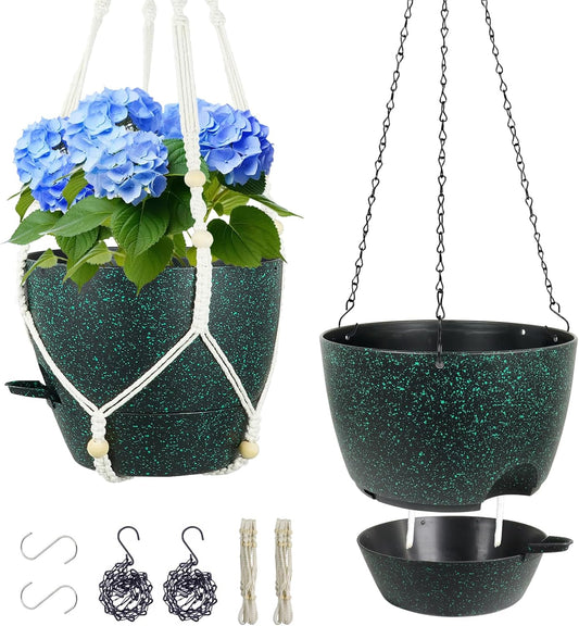 10 inch Self Watering Hanging Planters, 2 Pack Hanging Flower Pots for Indoor Outdoor Plants, Hanging Baskets with Drainage Holes & 2 Kinds of Plant Hangers for Home Decor, Speckled Black