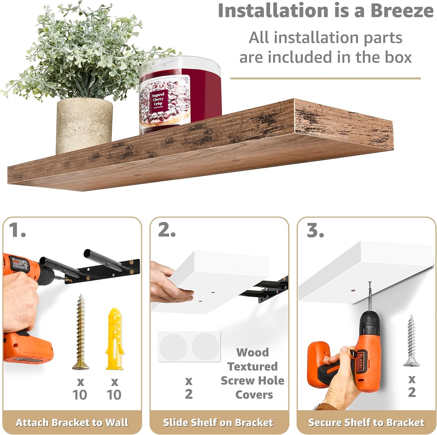 Sorbus Floating Shelves for Wall - 24" Bathroom Shelves, Wall Decor for Bedroom, Kitchen, Living Room, Home Decor & Book Storage - Mounted Floating Shelf with Invisible Brackets (Mahogany, 3 Pack)