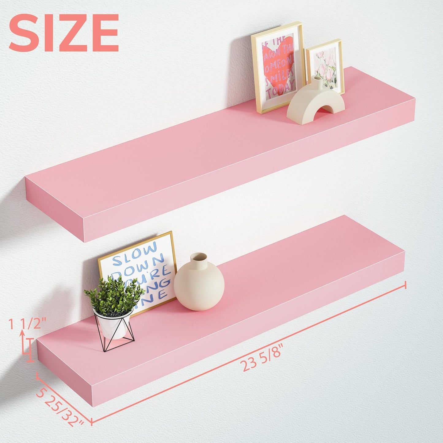 BAMEOS Pink Floating Shelves for Wall, 24" x 6" Wall Shelves for Room, Floating Book Shelves, Hanging Shelves for Bedroom, Bedroom, Living Room, Kitchen (Set of 2)