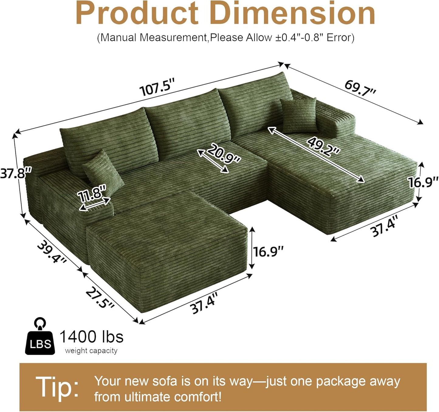 108" Sectional Couches for Living Room Modern Modular Sofa with L-Shape Couchs Upholstered Boneless Couch Deep Seat Sectional Couch with Chaise (Green, Right Facing Chaise+2Seaters+1Ottoman)