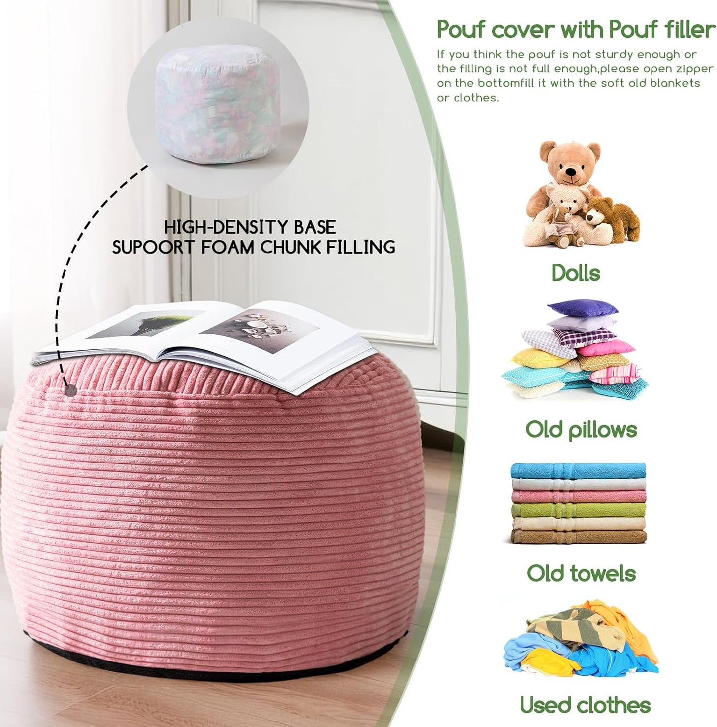HIGOGOGO Round Stuffed Pouf Ottoman, Corduroy Poufs with Foam Chunk Filling, Furry and Fluffy Pouf Foot Stool Storage Ottoman, 26 X 18 Floor Poufs Foot Rest for Living Room, Pink
