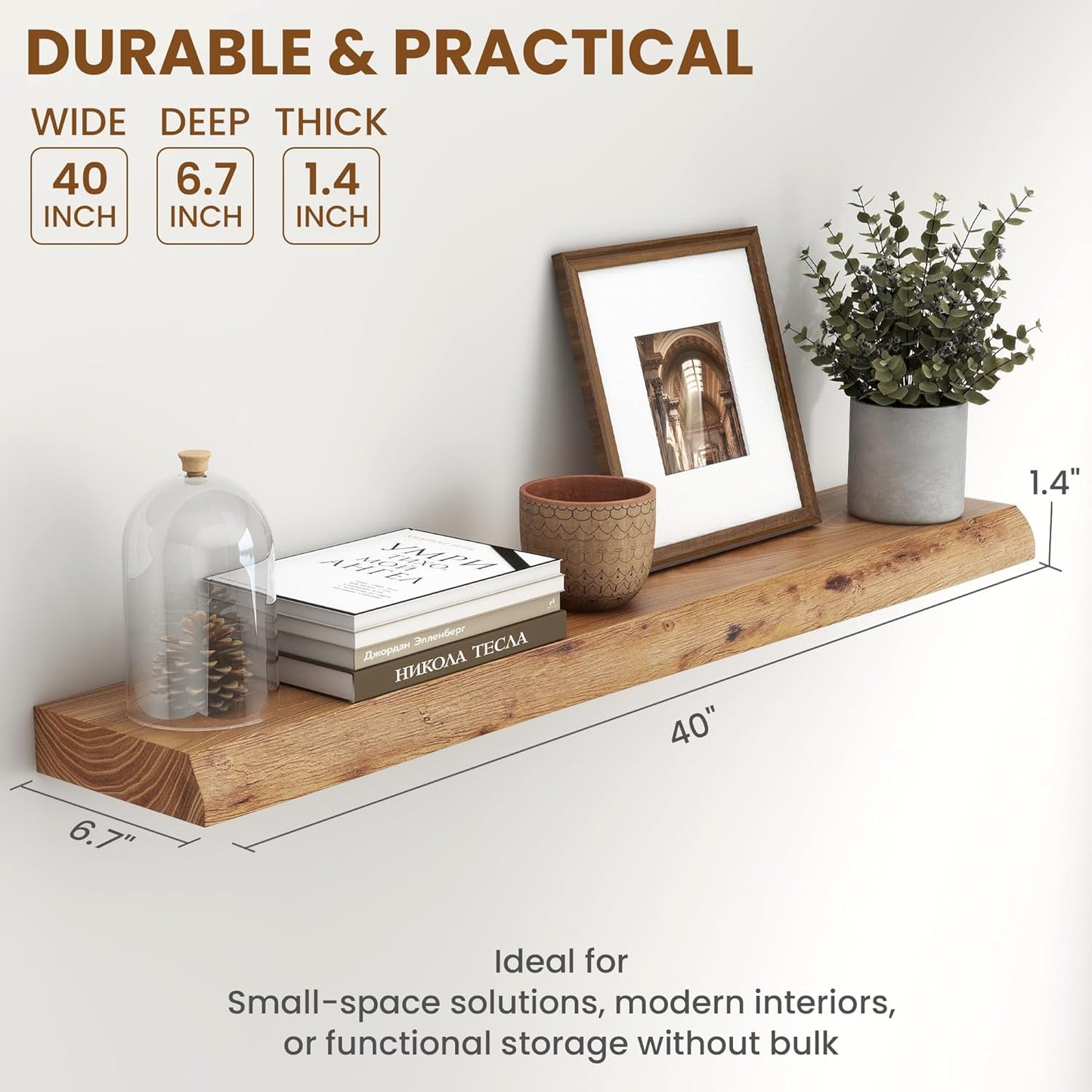 Fun Memories 40" Floating Shelves for Wall, Live Edge Solid Elm Wood Floating Shelf with Invisible Bracket, Wall Mounted Display Wooden Shelves for Bathroom, Kitchen, Bedroom, Natural Color, Set of 1