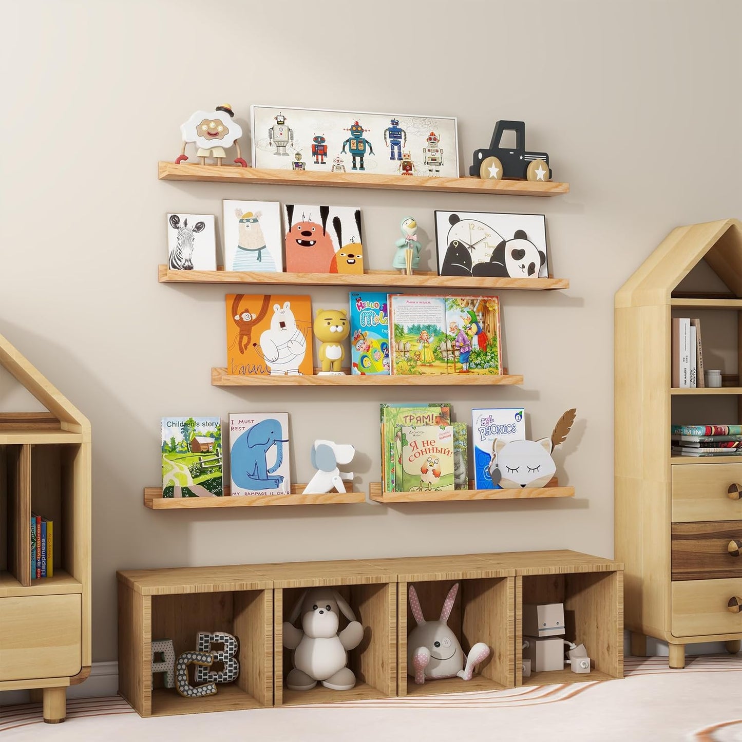 Floating Picture Ledge Shelves 72 Inch Solid Oak Wood Set of 2, Rustic Wall Storage Shelves with Lip, Kids Bookshelf, Photo & Picture Ledge Shelves for Bedroom, Living Room, Kitchen